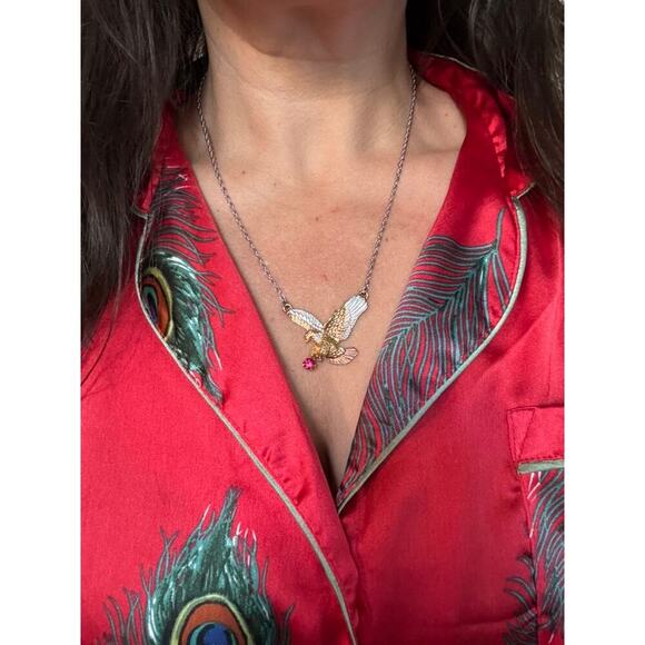 Vintage Gold-Plated Eagle Ruby Pendant on 18" Sterling Silver 925 Necklace‎